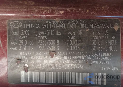 2009 Hyundai Santa Fe Limited z USA, uszkodzony, nr VIN 5NMSH13E89H265079